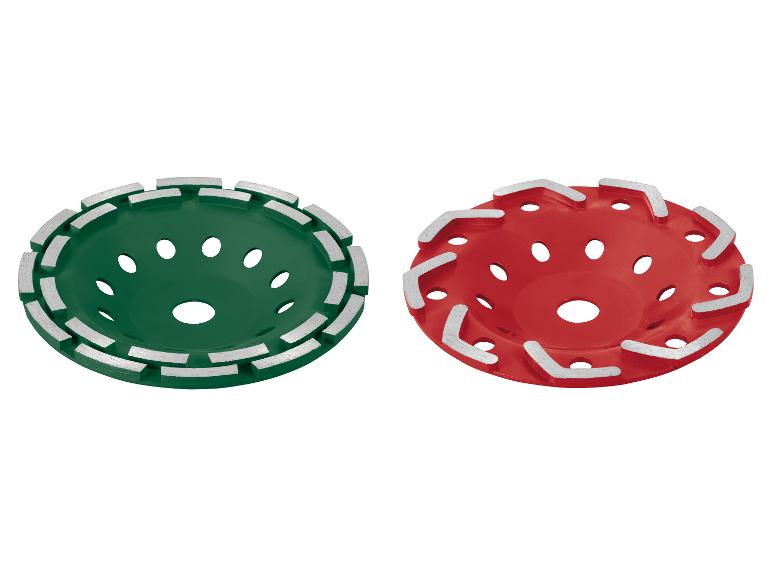 Zwei grüne und rote Diamant-Schleifteller für Winkelschleifer.