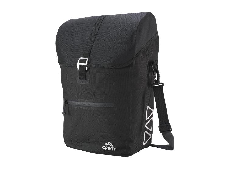 Schwarze CRIVIT Fahrradtasche mit Schnallenverschluss und reflektierenden Details.