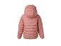 Rosa wattierte Kinderjacke mit Kapuze und einem blumenförmigen reflektierenden Detail auf dem Rücken.