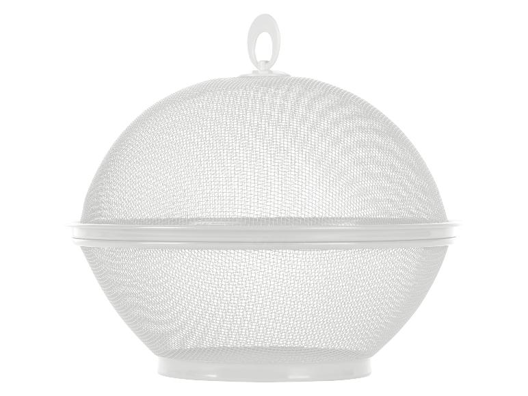 Weißer Metallkorb und -haube für Lebensmittel.