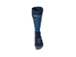 Dunkelblaue und graue Sportsocke mit blauen Streifen und Textdetails.