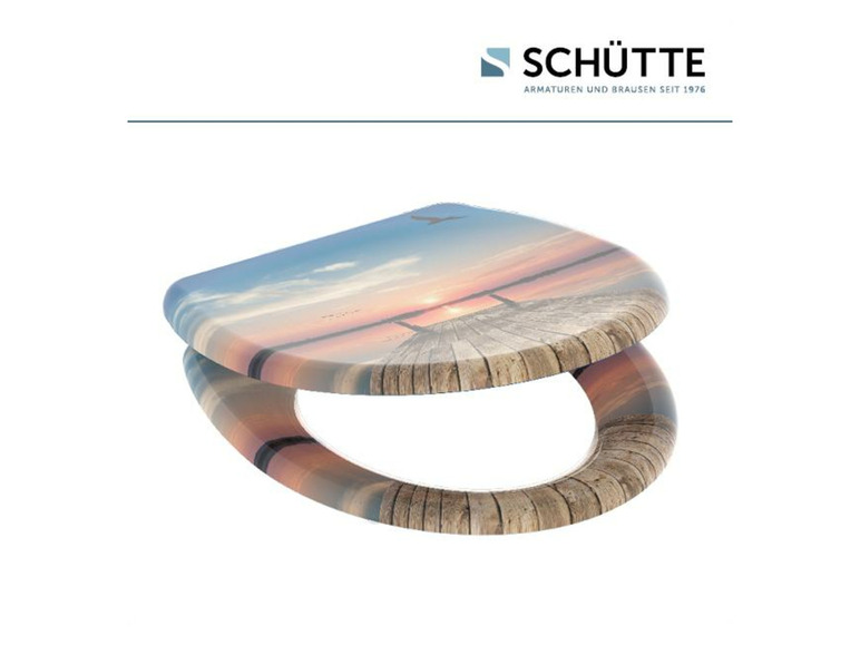 Ein Toilettensitz mit Holzoptik und einem Fotodruck eines Sonnenuntergangs.