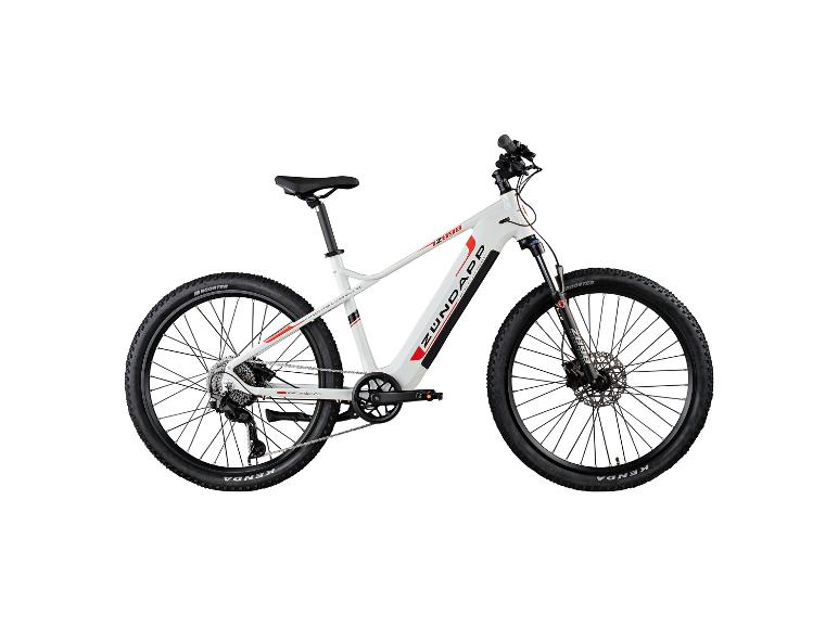 Weißes Elektro-Mountainbike mit roten und schwarzen Akzenten.