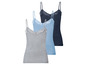 Drei Basic-Tanktops mit Spitze in Grau, Hellblau und Dunkelblau.
