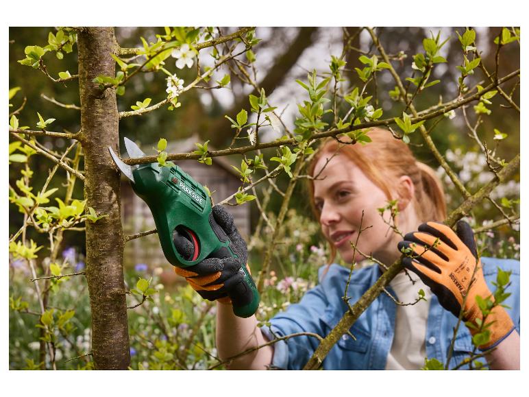 Frau schneidet Baumäste mit einer elektrischen Astschere im Garten.