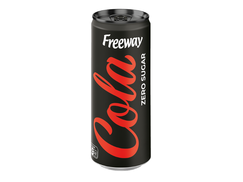 Schwarze Limonadendose mit rotem „Cola“-Schriftzug und weißer „Zero Sugar“-Angabe.