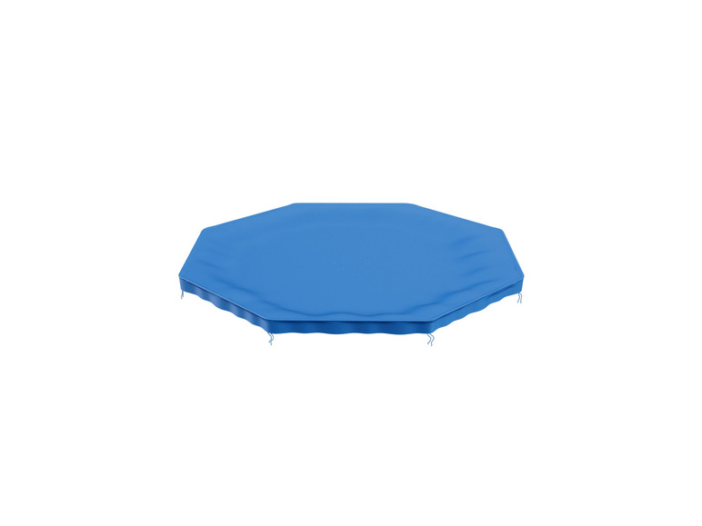 Ein blauer, achteckiger Sonnenschirm.