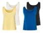 Damen-Tanktops: weiß, hellgelb, schwarz und blau.