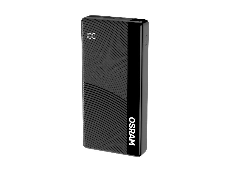 Schwarze Powerbank mit 100% Ladestandsanzeige und gestreiftem Muster.