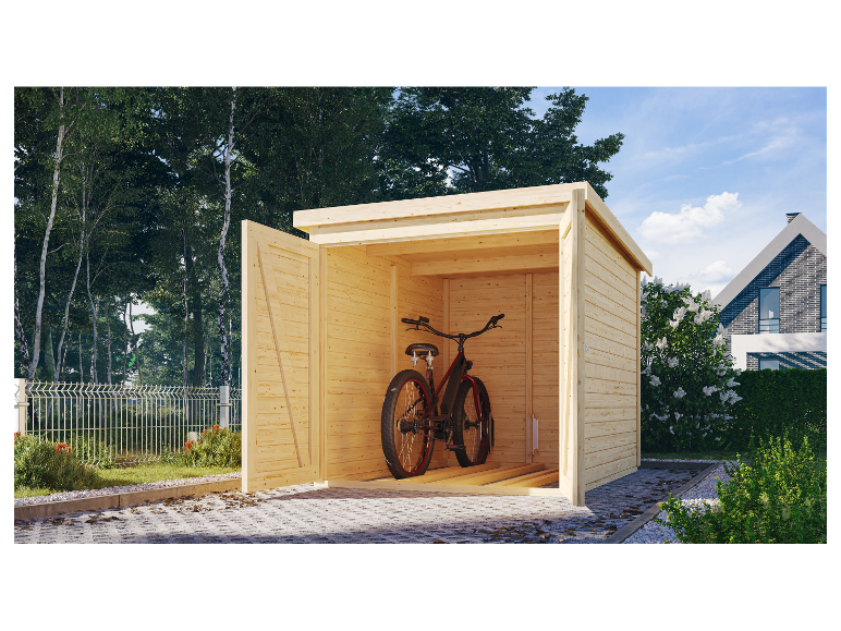 Holz-Fahrradhaus im Garten.