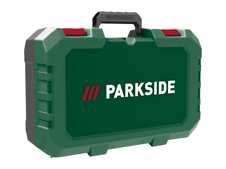 Grüner PARKSIDE Werkzeugkoffer mit roten Verschlüssen und schwarzem Griff