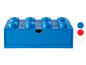 Eine blaue Aufbewahrungsbox mit LEGO-förmigen Deckeln.