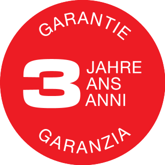 Rotes Siegel mit dem Text „GARANTIE“ und „3 JAHRE“ in mehreren Sprachen.