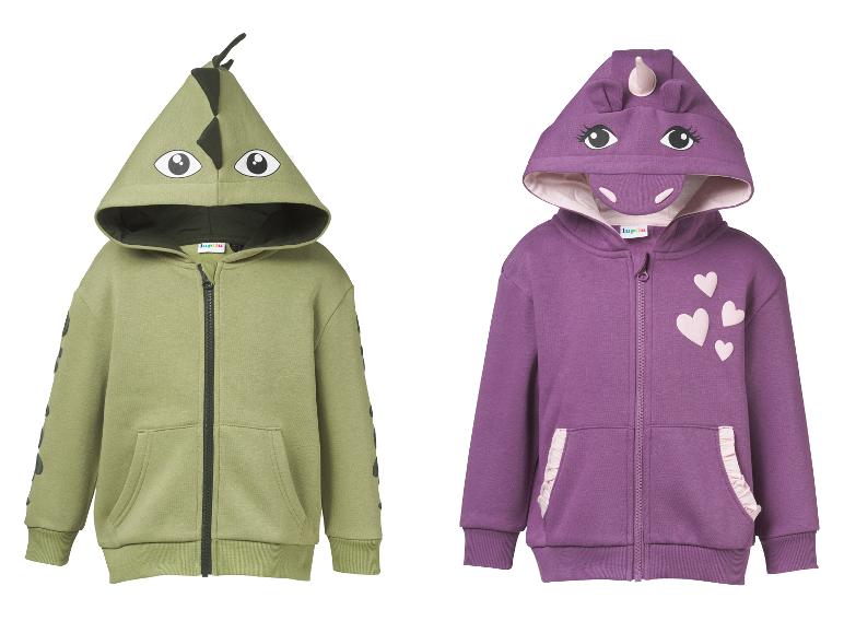Zwei Kinder-Hoodies: ein grüner Dinosaurier-Hoodie und ein lila Einhorn-Hoodie.