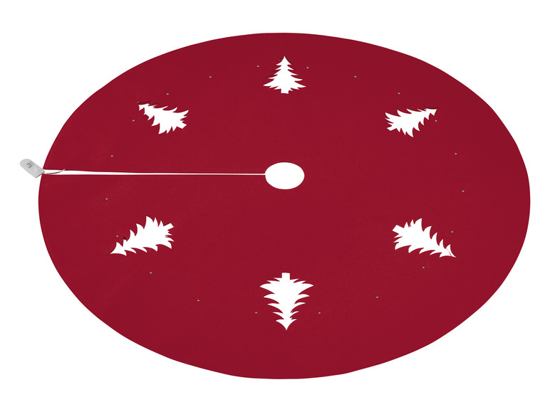 Roter Christbaumrock mit weißen Tannenbaum-Motiven.