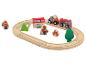 Holz-Feuerwehr-Eisenbahnset mit Schienen, Fahrzeugen und Figuren.