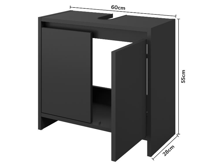 Schwarzer Waschbeckenunterschrank mit zwei offenen Türen, 60x55x28cm.