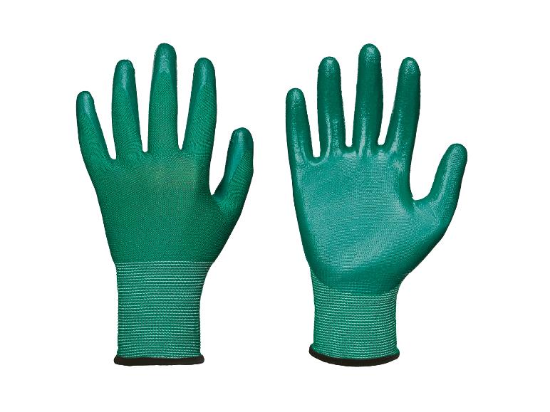Zwei grüne Gartenhandschuhe, einer mit der Handfläche nach vorne und einer mit dem Handrücken.