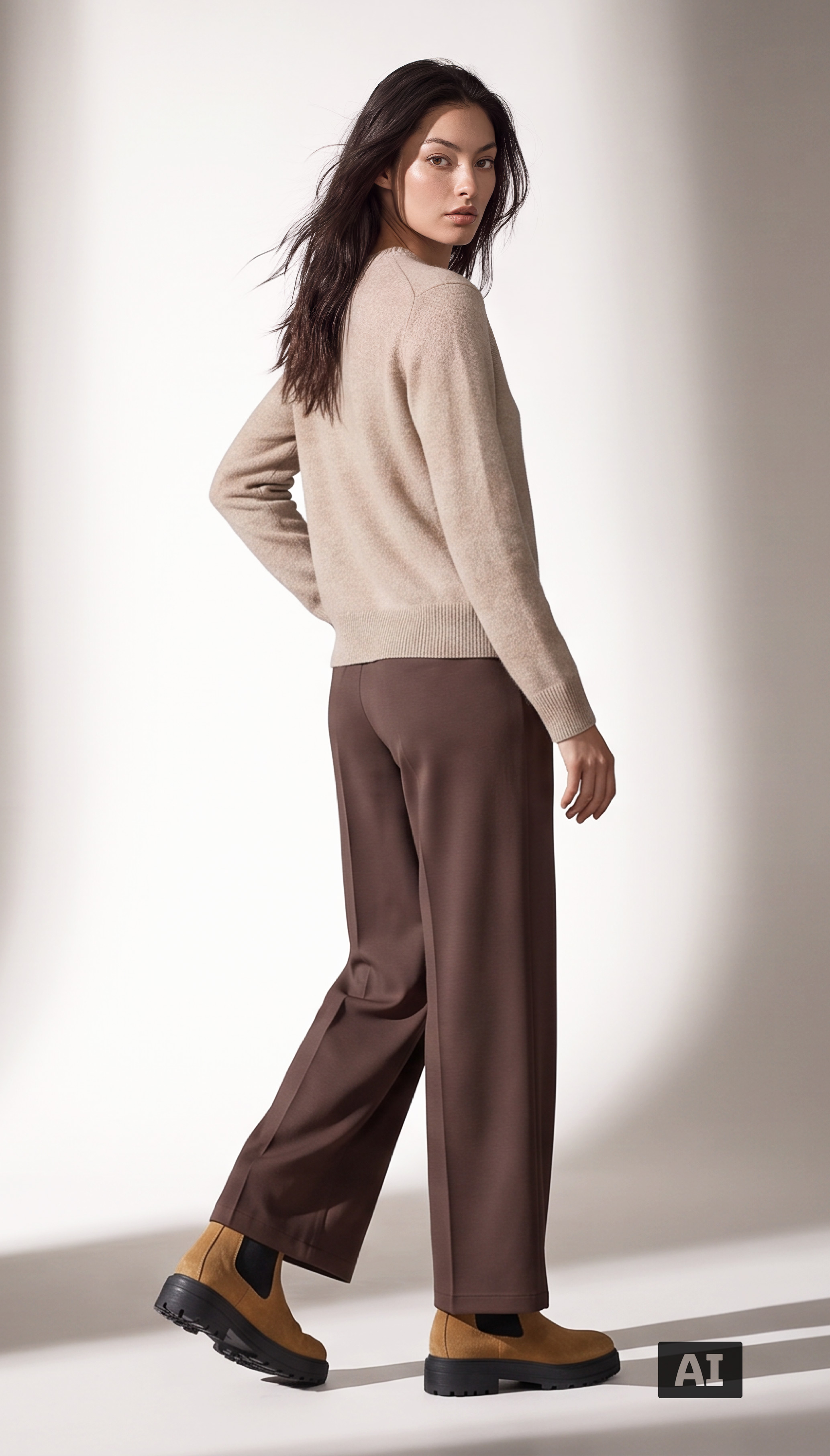 Dieses Bild ist KI-generiert: Ein weibliches Model trägt die Stiefelette in der Farbe Camel.