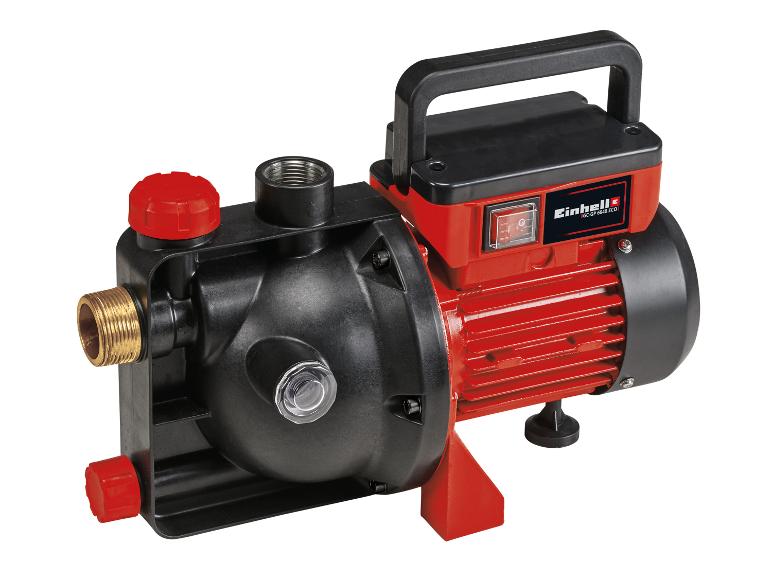 Rote und schwarze Wasserpumpe mit Griff und Schalter.