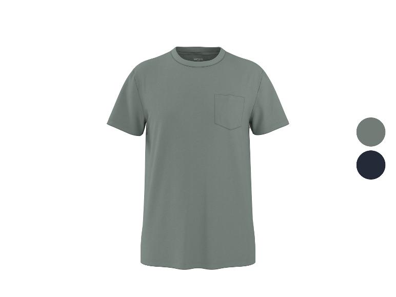 Herren-T-Shirt mit kurzen Ärmeln und Tasche in Grau, mit dunkelblauer Farboption.