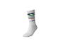 Weißer Socken mit bunten Streifen und dem Wort „school“ in Blau.