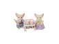 Fennek-Fuchsfamilie mit Eltern und zwei Babys in einem rosa Doppelkinderwagen.