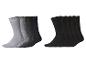 Ein Set aus zehn Paar Herrensocken in verschiedenen Grau-, Schwarz- und Dunkelblautönen.
