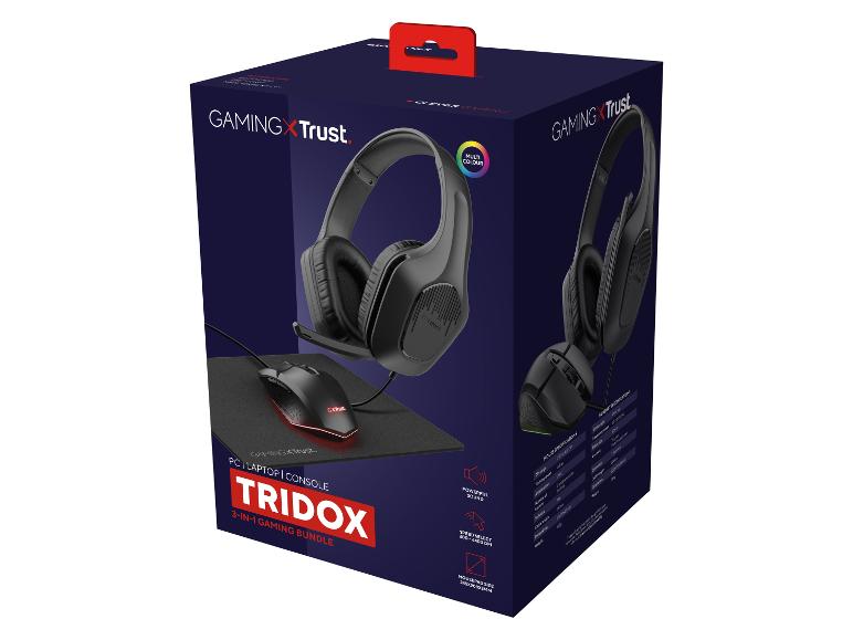 Gaming-Headset, Maus und Mauspad-Bundle in einer Box, mit sichtbaren Produktspezifikationen.
