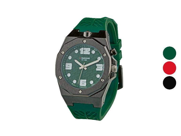 Grüne Herrenuhr mit dunkelgrauem Gehäuse und grünem Kautschukarmband.