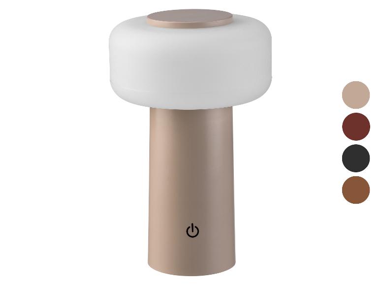 Tragbare Tischlampe mit beigem Sockel und weißem Schirm, mit einem Ein-/Ausschalter.