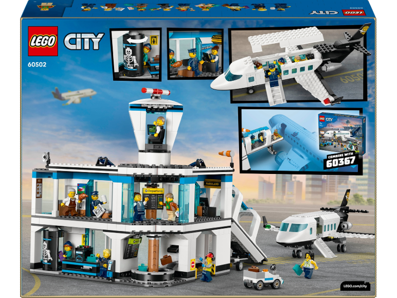 Flughafen-Bauspielzeug-Set mit Terminal, Flugzeug und Spielfiguren.