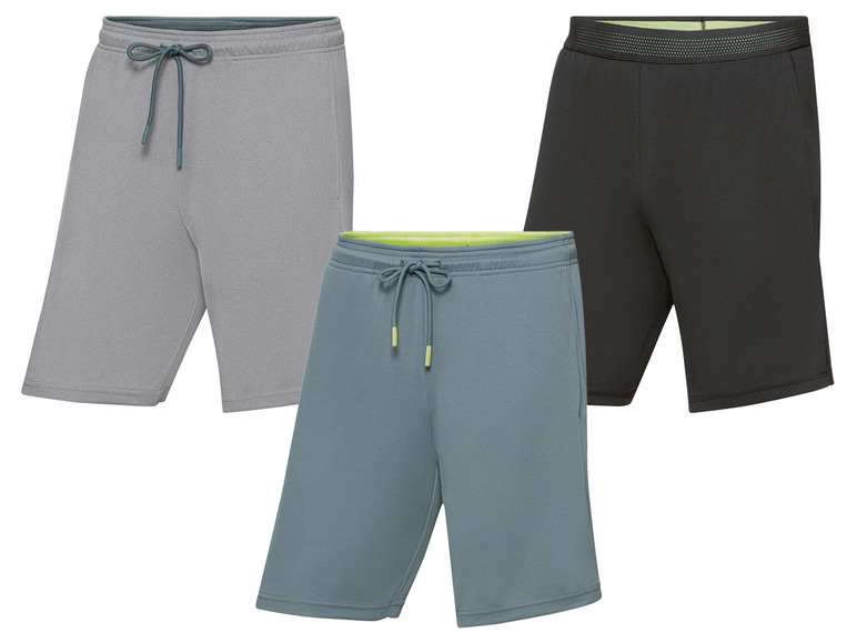 Drei Shorts in grau, blau und schwarz.