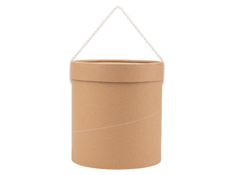 Ein brauner Pappzylinder mit weißem Seilgriff auf weißem Hintergrund.