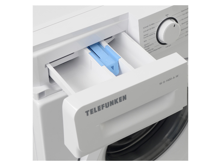 Telefunken Waschmittel und Waschmaschine: geöffnete Waschmittellade.