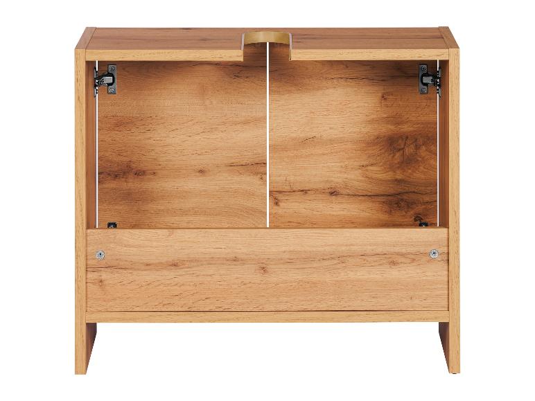 Heller Holzwaschbeckenunterschrank mit Türen.