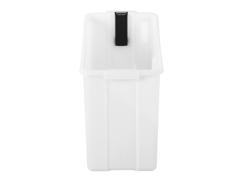 Ein weißer Plastik-Mülleimer mit einem schwarzen Griff.