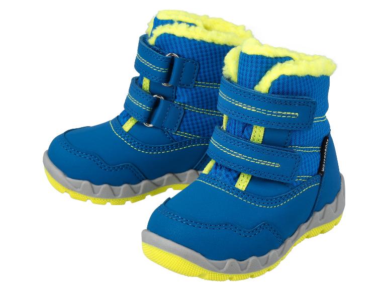 Blaue Kinder-Winterstiefel mit gelben Details und Klettverschluss.