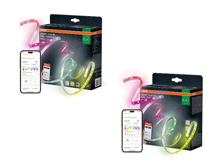 Zwei smarte LED-Streifen mit einer Fernbedienungs-App, die Farb- und Helligkeitseinstellungen anzeigt.