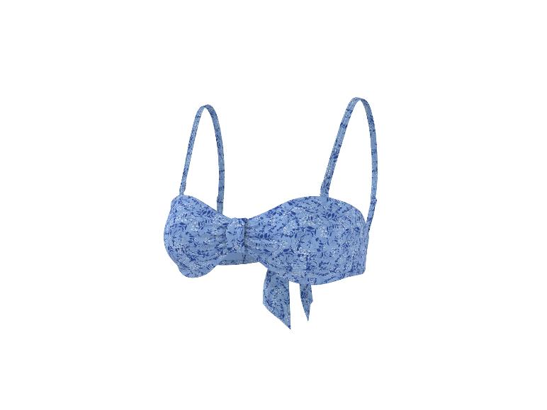 Blaues Blumenmuster-Bikini-Oberteil mit Schleife vorne und verstellbaren Trägern.