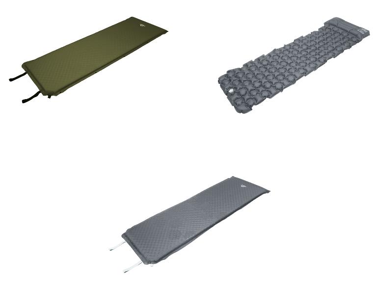Drei verschiedene Isomatten: eine grüne selbstaufblasende, eine graue aufblasbare mit Kissen und eine graue selbstaufblasende.