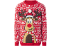 Roter Kinder-Weihnachtspullover mit einem Rentier mit Schal und Weihnachtsmütze