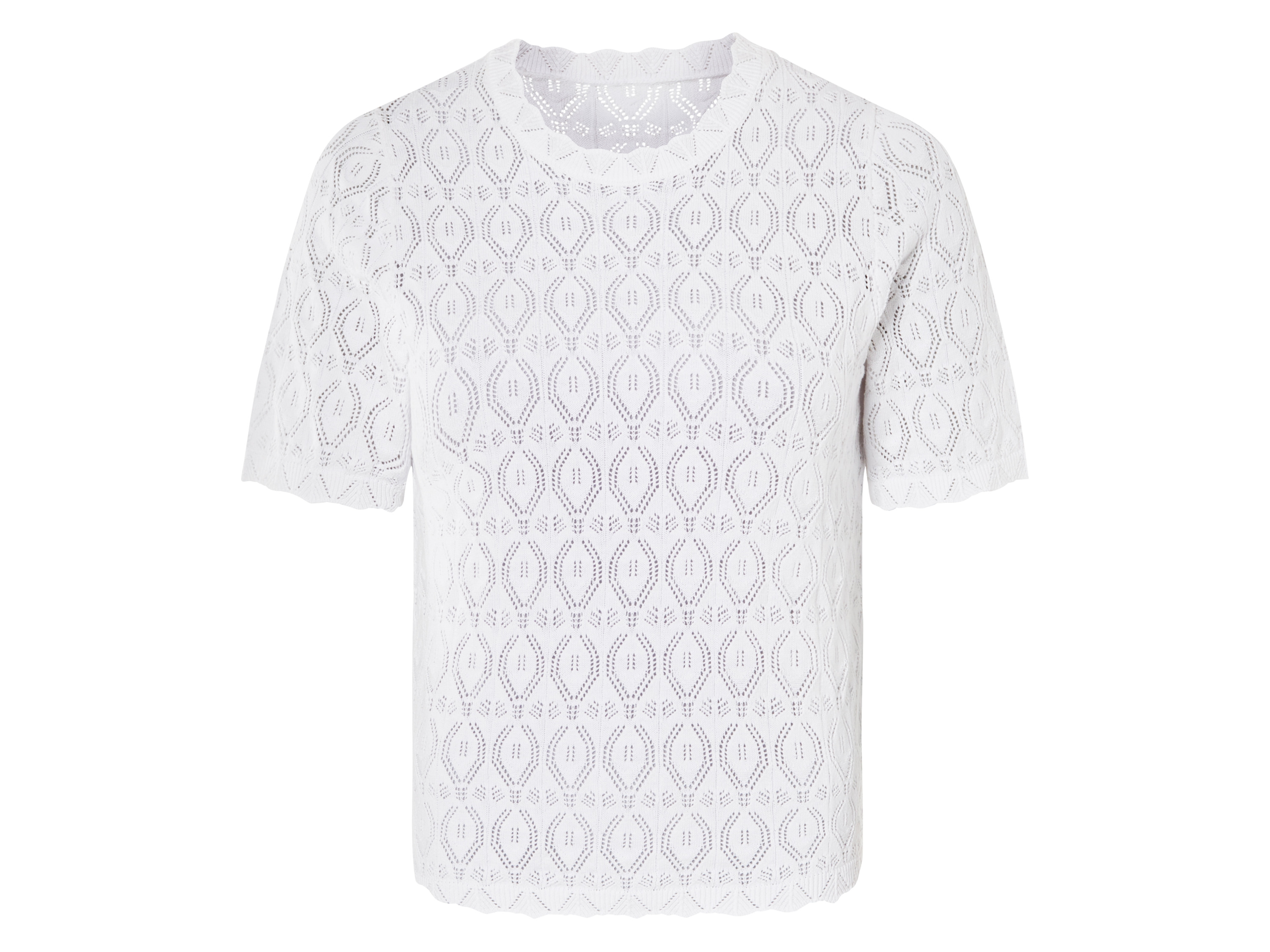 esmara® Damen Pullover (Weiß, L(44/46))““ | weiß Muster: Ajourmuster Detail: Wellenkante an Hals, Ärmeln und Saum, leicht transparent, halblangen Ärmeln Schnitt: leger Ausschnitt: Rundhalsausschnitt Kragenform: – Material: Baumwolle Pflegehinweis: waschen bei max. 30 °C Pflegeleicht nicht bleichen nicht im Wäschetrockner trocknen bügeln bis 110 °C Stufe 1. Kein Bügeln mit Dampf nicht trockenreinigen Größe: XS 32/34 – L 44/46 Meine Lidl-Größe – so einfach gehts Deine Größe findest du in der Lidl-Größentabelle . Oeko-Tex® Standard 100 Geprüft auf Schadstoffe Zertifizierungsnummer: 13.0.30503 Hohenstein Htti Standard 100 by Oeko-Tex® ist die weltweit bekannteste, unabhängige Zertifizierung schadstoffgeprüfter Textil- und Lederprodukte aller Art – vom Garn und den Stoffen bis hin zum gebrauchsfertigen Artikel. Das Label bestätigt