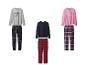 Drei Sets langärmliger Pyjama-Oberteile und karierter Pyjama-Hosen.
