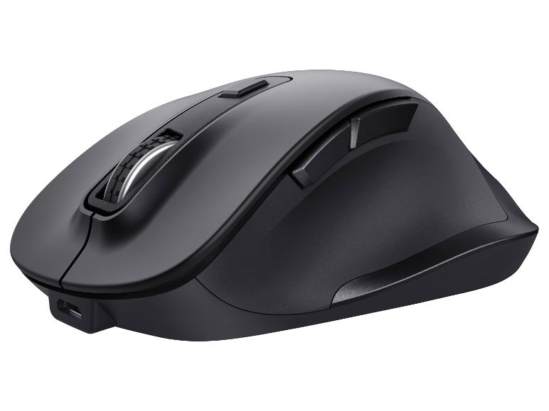 Schwarze kabellose Computermaus mit Scrollrad und Seitentasten.