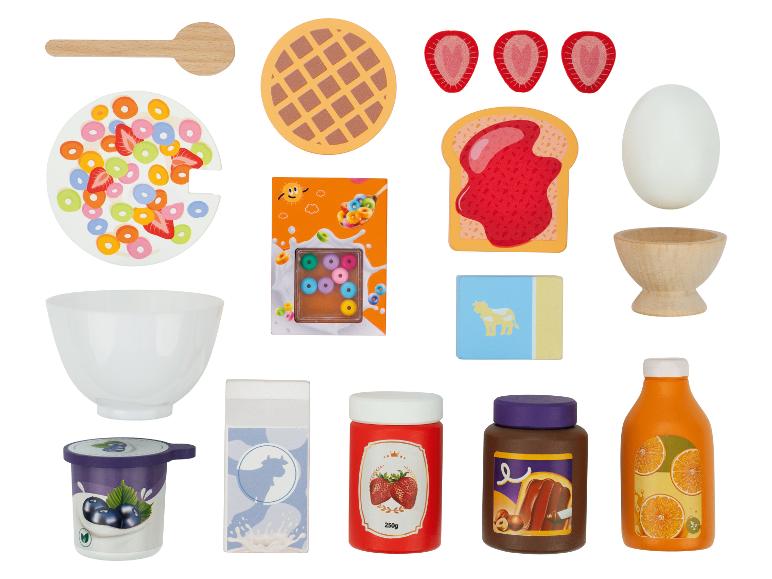Frühstücks-Spielset mit Müsli, Waffel, Toast, Ei, Joghurt, Milch, Marmelade, Schokoaufstrich und Orangensaft.