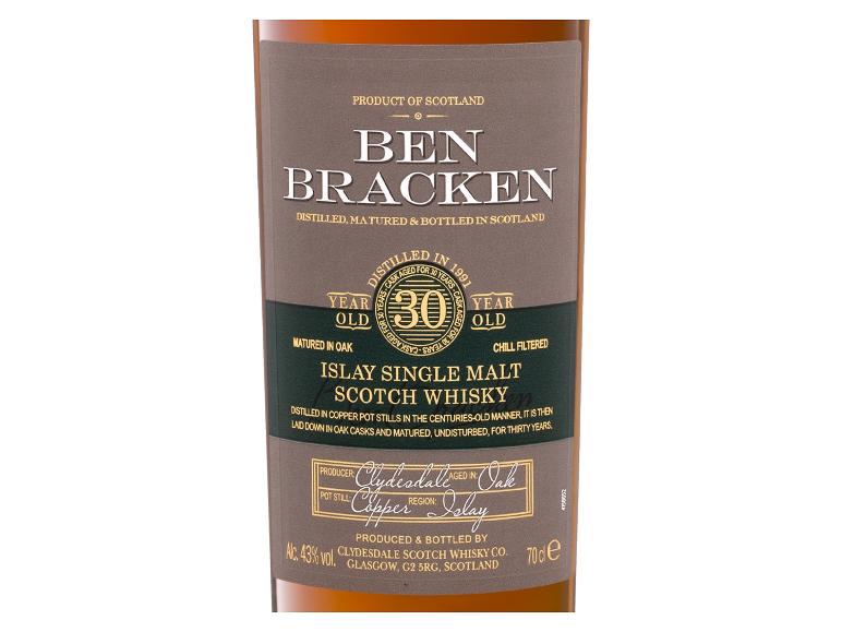 Eine Flasche 30 Jahre alter Islay Single Malt Scotch Whisky, in Eichenfässern gereift.