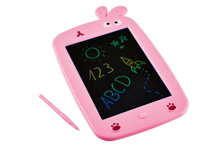 Rosa Kinder-Zeichentafel mit Stift, zeigt Sonne, Sterne, Zahlen und Buchstaben.