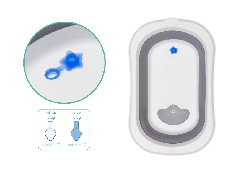 Weiße Babywanne mit grauen Details und einem blauen sternförmigen Stöpsel, der die Wassertemperatur anzeigt.