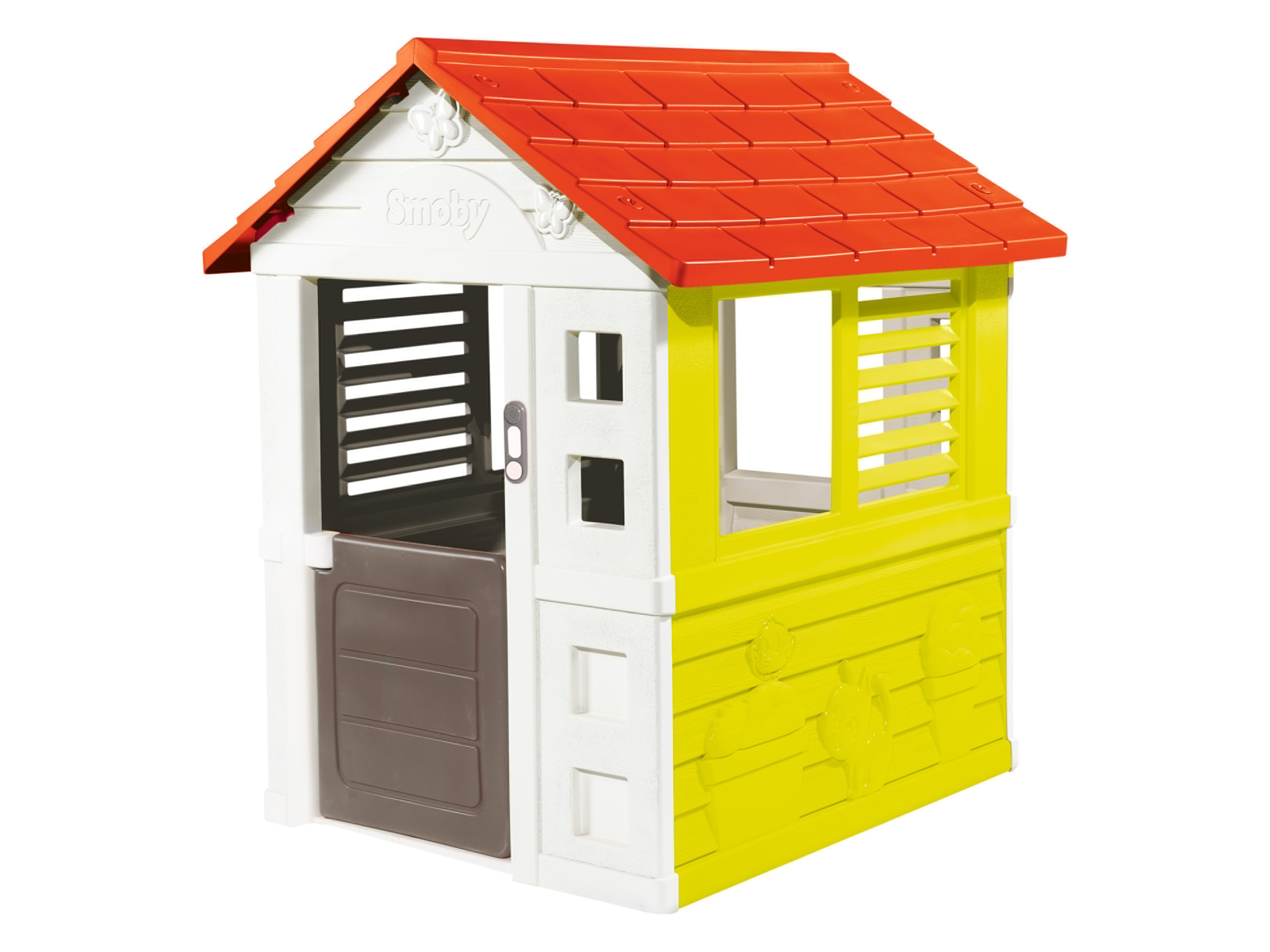 SMOBY Spielhaus »Lovely«, detailreich gestaltet““ | detailreich gestaltet Schmetterlinge und eine kleine Katze zieren die Fassade 2 Fenster mit Lamellen und eine kleine Eingangstür Kindgerechte Ausstattung Mit einer echten Türklingel